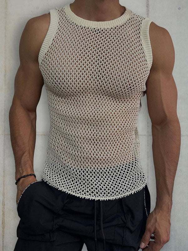 Solid color round neck sleeveless hollow knitted vest for men.