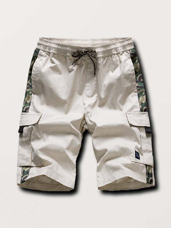 Men's multi-cargo camouflage shorts with panel design, flap pockets, and drawstring waist.