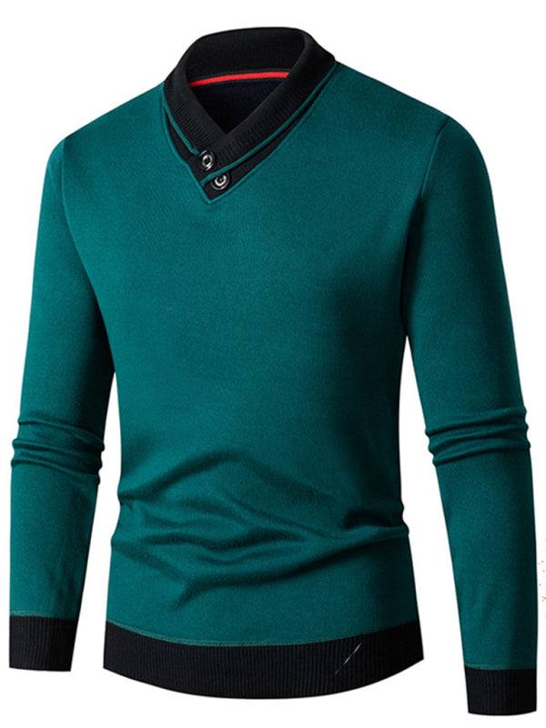 Men's half turtleneck slim long-sleeved sweater, plus velvet, green, autumn-winter knitwear.