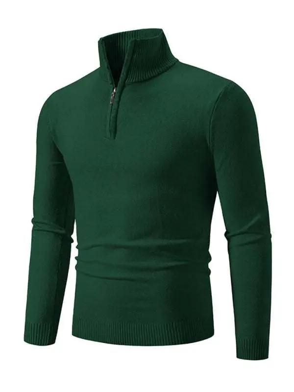 Men's green half-zip solid color sweater with stand collar, ideal for casual wear.
