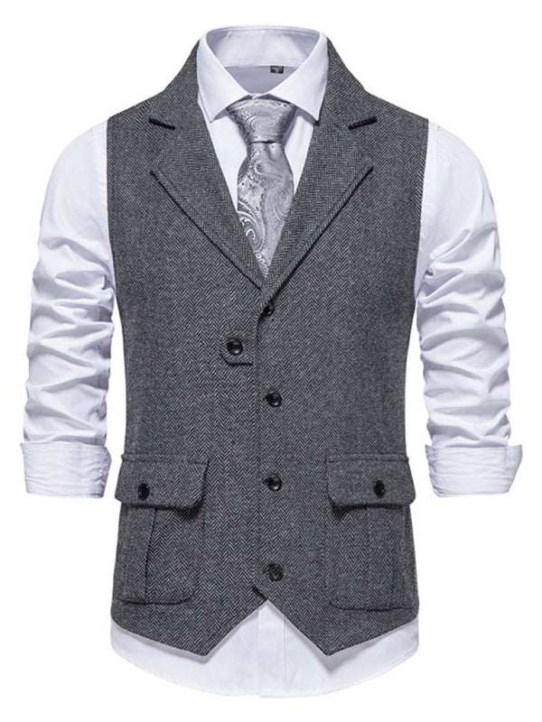Retro Elegance: Men's Herringbone Tweed Suit Vest with Stylish Lapels - MENLL
