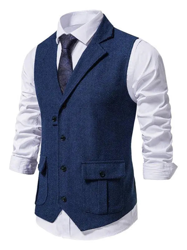 Retro Elegance: Men's Herringbone Tweed Suit Vest with Stylish Lapels - MENLL