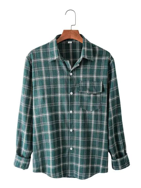 Plaid long-sleeve cardigan jacket in green and white with a classic pattern.