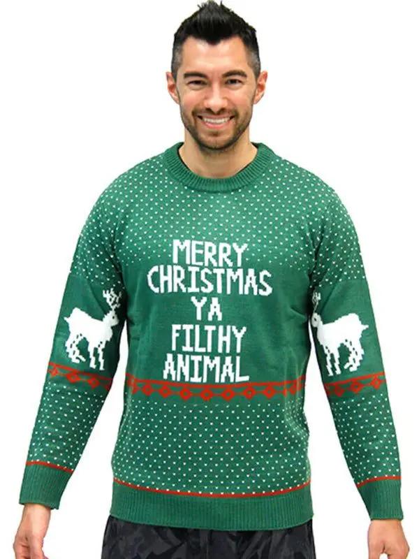 Men's knitted Christmas loose sweater with festive print, party style, green color.