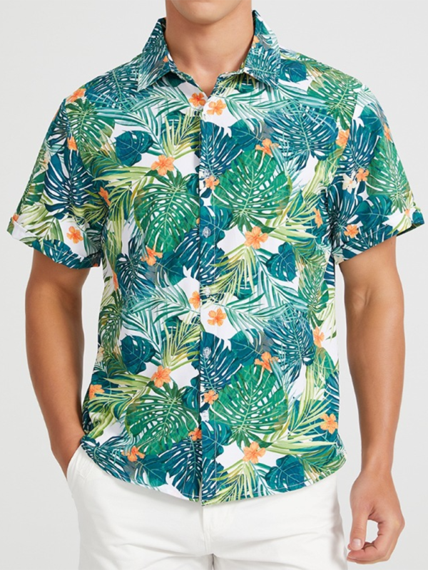 Men's short sleeve Hawaiian print beach shirt with tropical design.