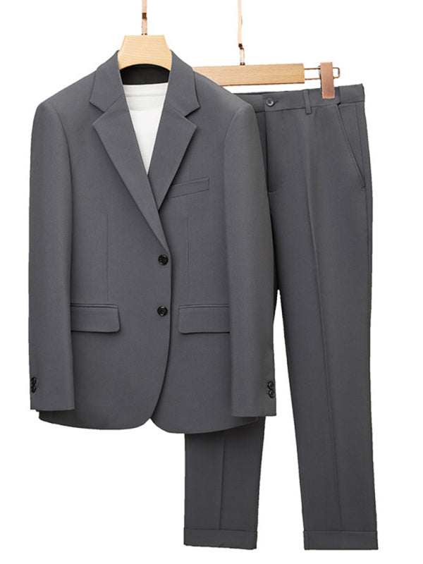 Men's business suit in solid polyester, lapel collar, long sleeves, welt pocket, light business style.