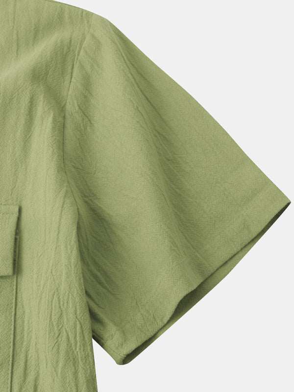 Men's Stylish Square Neck Linen Shirt - Casual Solid Color Half Sleeve Top for Effortless Elegance - MENLL