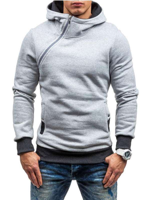Stylish Men's Long-Sleeve Hoodie with Diagonal Zipper - Comfortable Solid Color for Every Occasion - MENLL