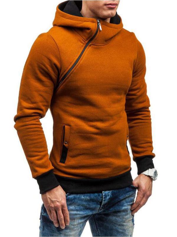 Stylish Men's Long-Sleeve Hoodie with Diagonal Zipper - Comfortable Solid Color for Every Occasion - MENLL