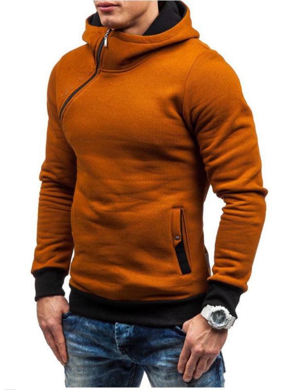 Stylish Men's Long-Sleeve Hoodie with Diagonal Zipper - Comfortable Solid Color for Every Occasion - MENLL