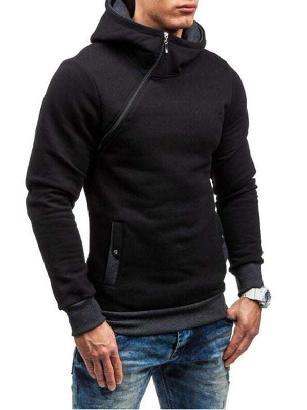 Stylish Men's Long-Sleeve Hoodie with Diagonal Zipper - Comfortable Solid Color for Every Occasion - MENLL