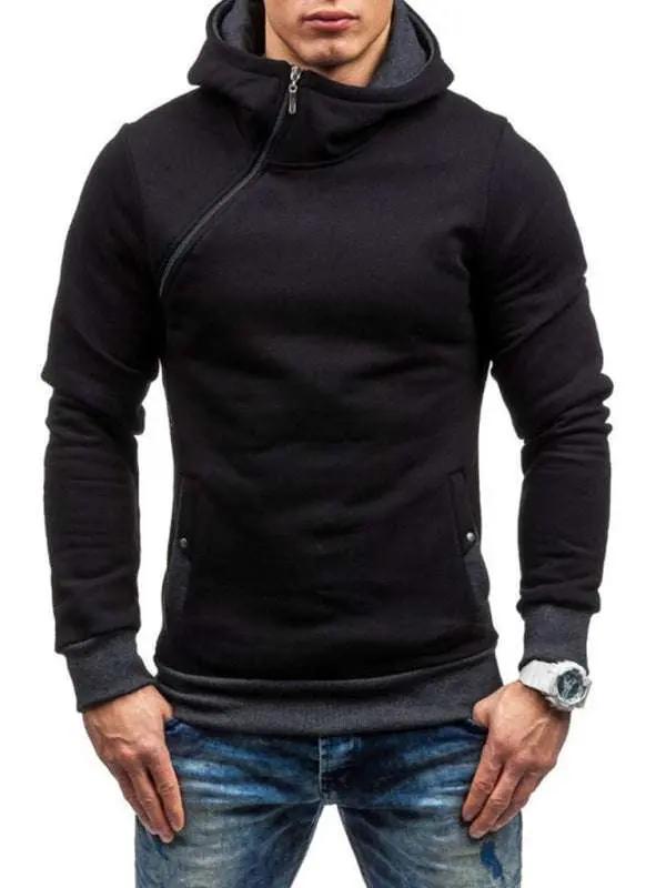 Stylish Men's Long-Sleeve Hoodie with Diagonal Zipper - Comfortable Solid Color for Every Occasion - MENLL