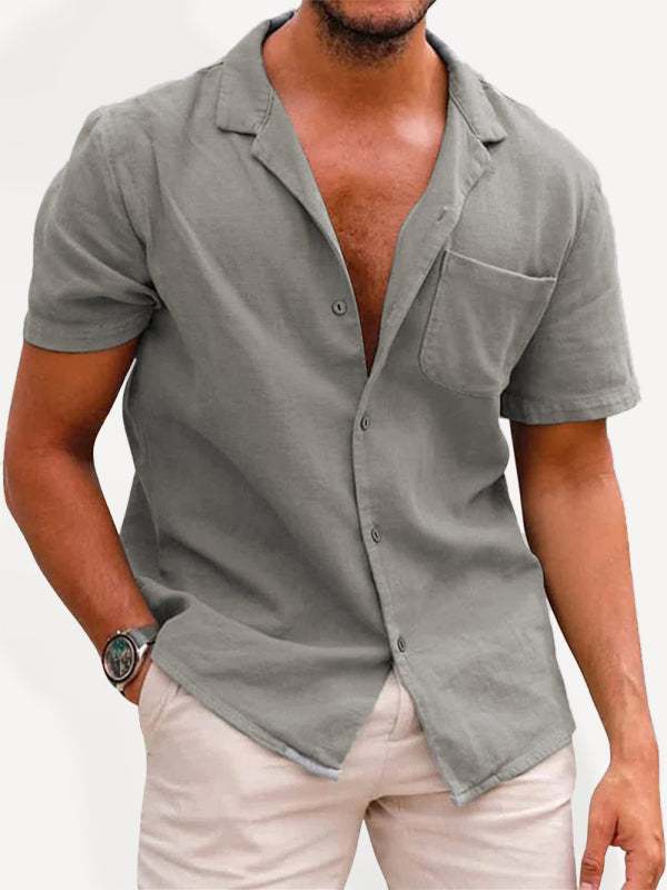 Men's woven linen loose lapel shirt with classic collar and welt pocket, ideal for spring-summer.