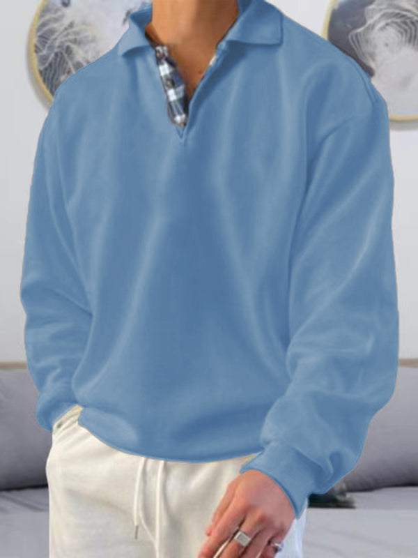 Men's solid color long-sleeved polo shirt with lapel collar, light blue.