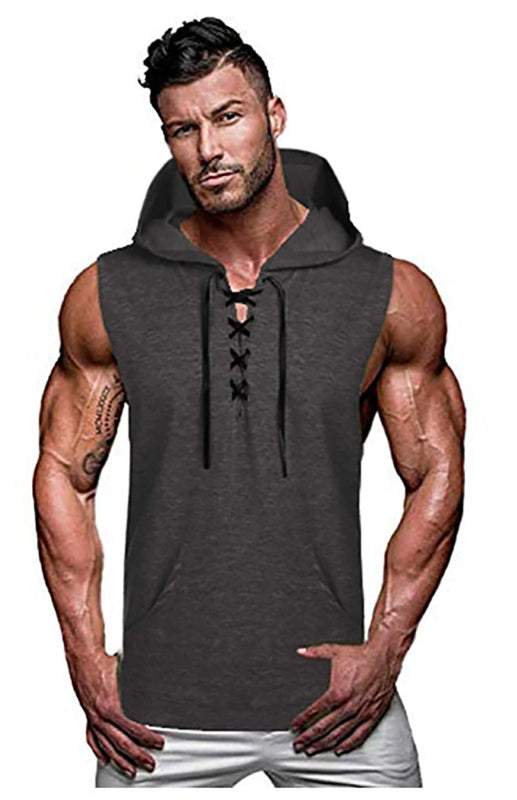 Men's stylish knit sleeveless lace-up hoodie for casual spring-summer wear.