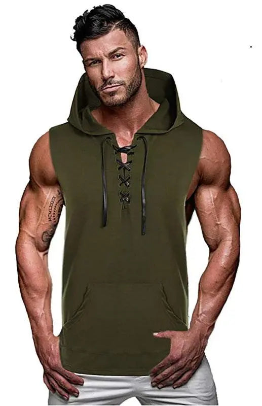 MENLL Sleeveless Knit Hoodie Men's Casual Spring Fashion Lace-Up Stylish Top by MENLL