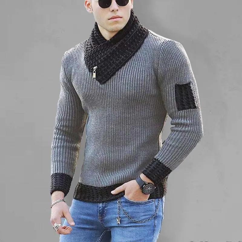 Plus size turtleneck sweater for men with long sleeves in gray knit.