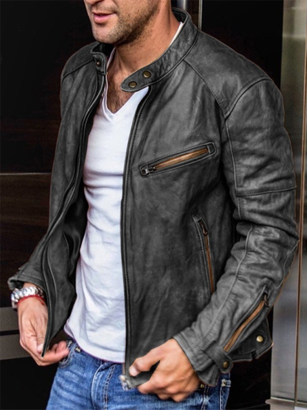 Edgy men's PU leather jacket with stand collar, perfect for punk street style.