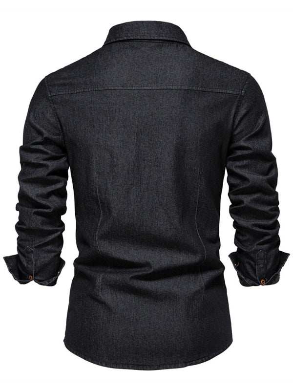 Men's denim non-iron shirt, casual solid color, long-sleeved.