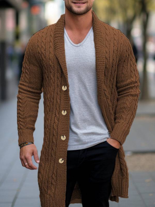 Men's mid-length thick-knit cardigan sweater in brown, stylish for autumn-winter days.