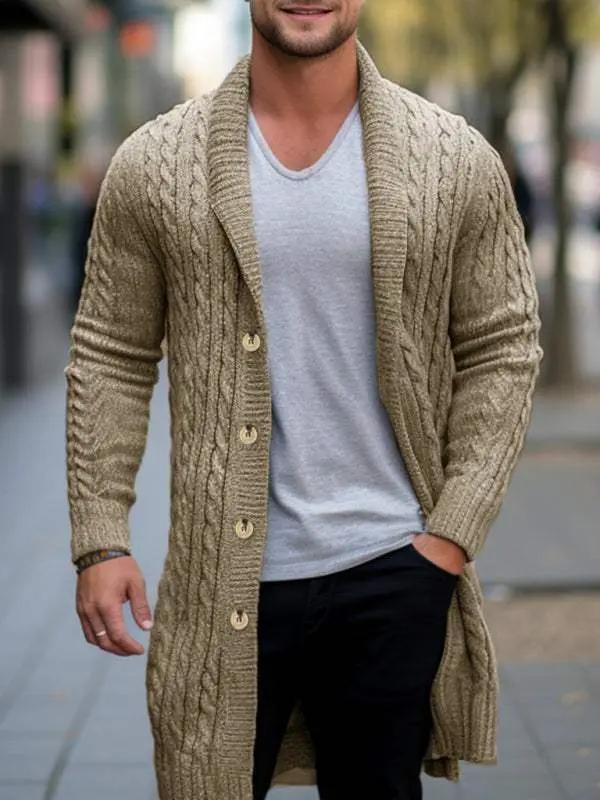 Cozy Elegance: Men's Mid-Length Thick-Knit Cardigan Sweater for Stylish Autumn-Winter Days - MENLL
