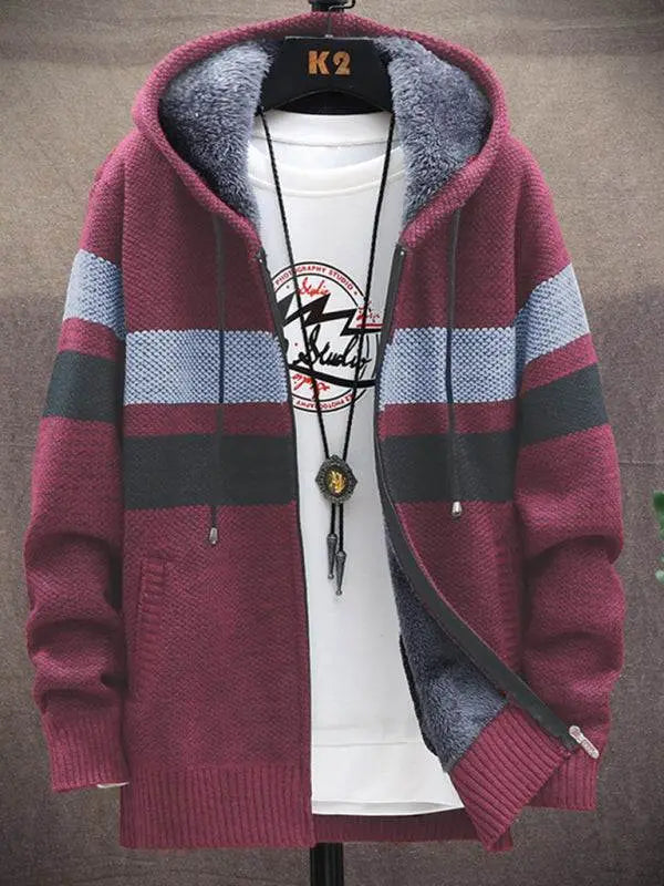 Trendy Youth Hooded Fleece Cardigan - Slim Fit, Contrast Color Jacket for Stylish Comfort - MENLL