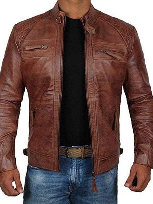 Edgy slim fit men's punk motorcycle jacket with stand collar, crafted from 100% PU leather, perfect for urban adventurers.