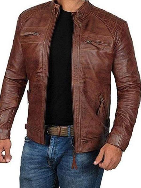 Edgy Slim Fit Men's Punk Motorcycle Jacket with Stand Collar - Perfect for Urban Adventurers