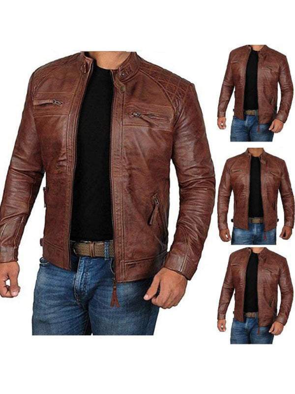 Edgy Slim Fit Men's Punk Motorcycle Jacket with Stand Collar - Perfect for Urban Adventurers