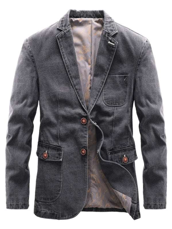 Men's autumn-winter knit denim jacket with lapel collar and long sleeves, featuring a classic design with two buttons and flap pockets.