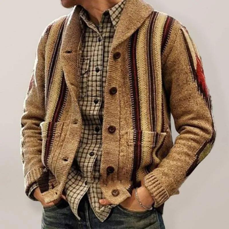 Elegant jacquard lapel sweater jacket for men, cozy winter long sleeve outerwear.