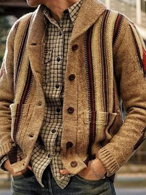 Elegant Jacquard Lapel Sweater Jacket for Men – Cozy Autumn-Winter Long Sleeve Outerwear - MENLL