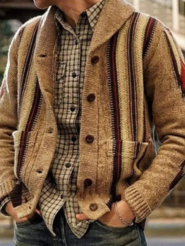 Elegant Jacquard Lapel Sweater Jacket for Men – Cozy Autumn-Winter Long Sleeve Outerwear - MENLL