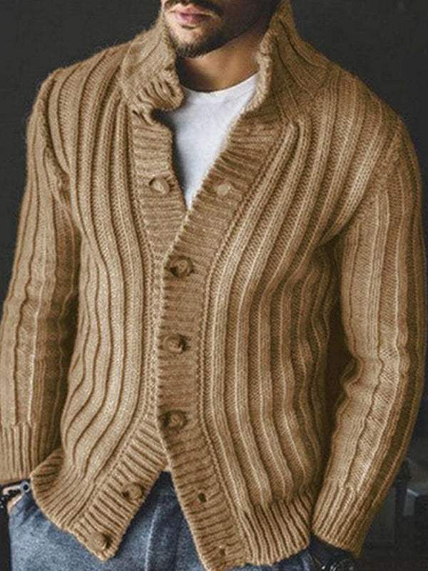 Elegant men's lapel collar knit jacket, single breasted, long sleeve, casual autumn-winter sweater.