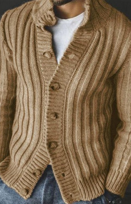 Elegant Lapel Collar Knit Jacket for Men - Stylish Single Breasted Long Sleeve Sweater for Autumn-Winter Wear