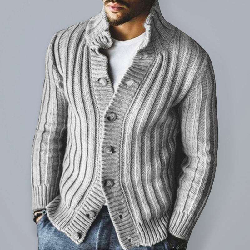 Elegant Lapel Collar Knit Jacket for Men - Stylish Single Breasted Long Sleeve Sweater for Autumn-Winter Wear