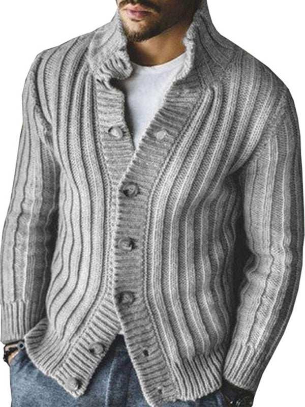 Elegant Lapel Collar Knit Jacket for Men - Stylish Single Breasted Long Sleeve Sweater for Autumn-Winter Wear