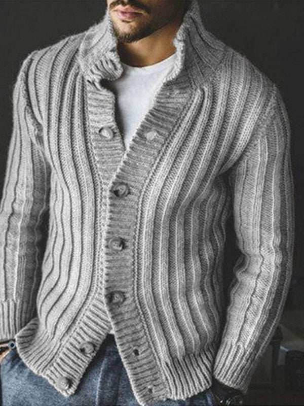 Elegant Lapel Collar Knit Jacket for Men - Stylish Single Breasted Long Sleeve Sweater for Autumn-Winter Wear