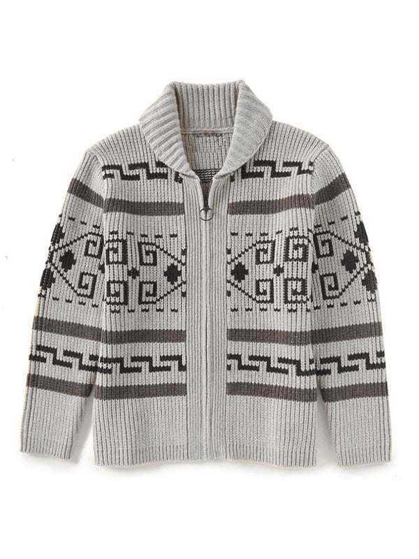 Stylish Men's Knitted Jacquard Jacket with Casual Lapel Design - MENLL