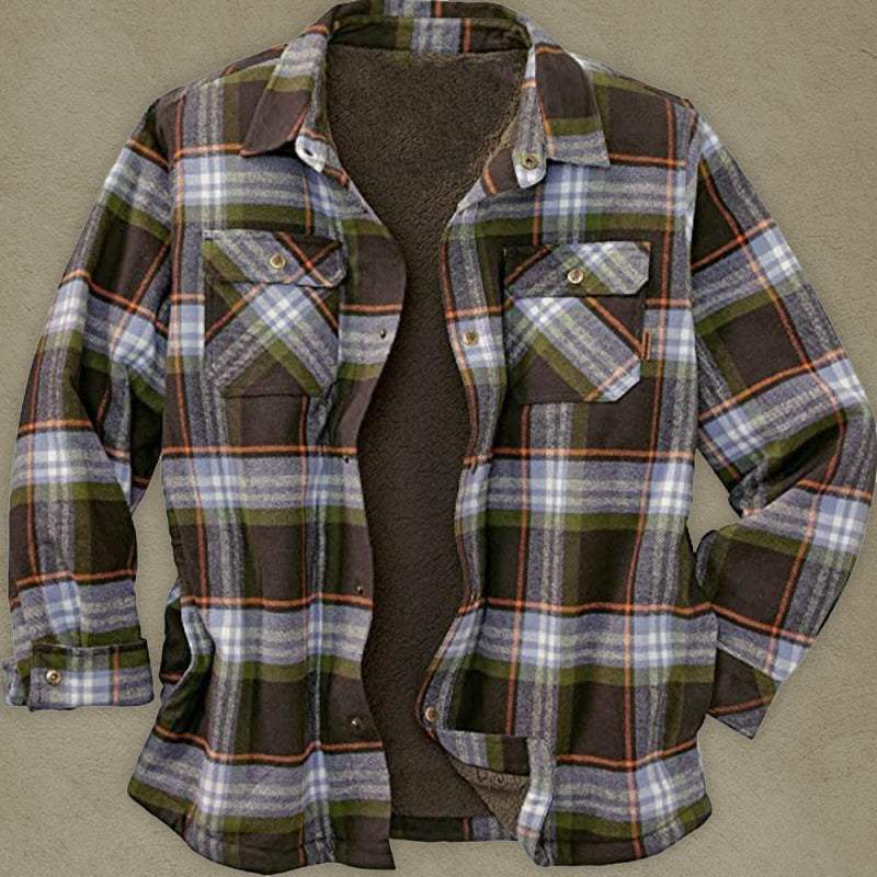 Men's plaid fleece jacket with lapel, long sleeves, autumn-winter casual style.