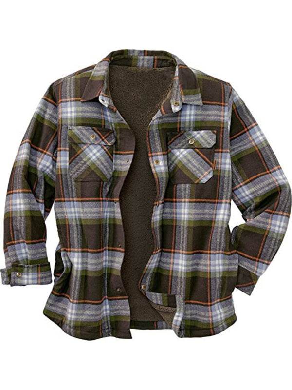 Plaid Fleece Long Sleeve Jacket with Lapel - Men's Casual Comfort for Autumn-Winter