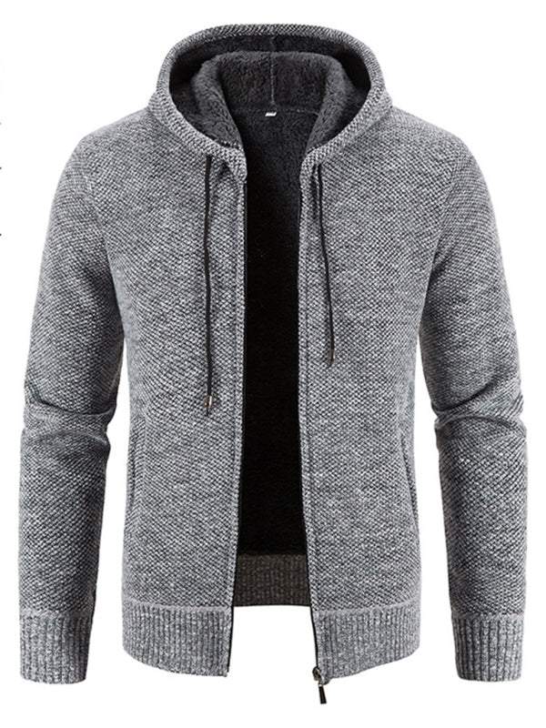 MENLL Knitted Burgundy Jacket Men's Casual Autumn Cozy Hooded Zipper by MENLL