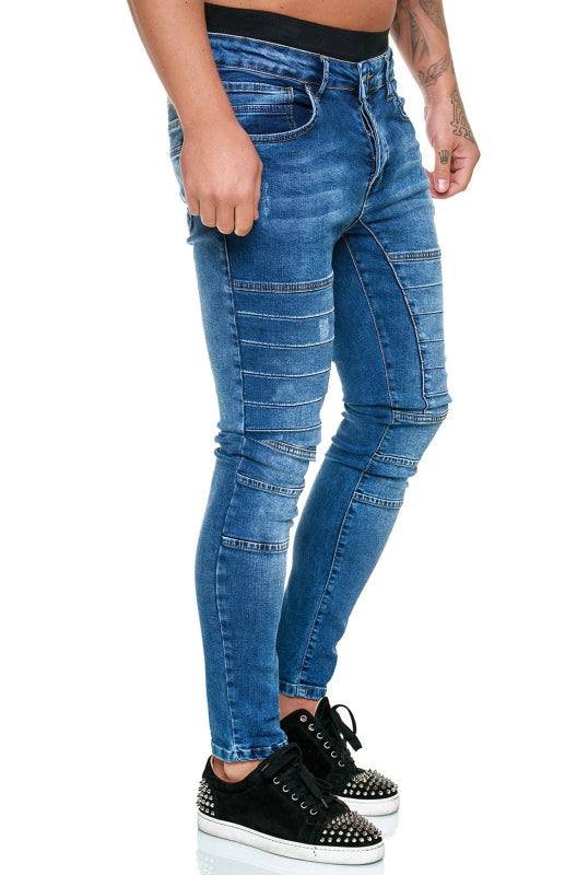 Stylish High-Waisted Slim Fit Men's Denim Jeans with Distressed Detailing - MENLL