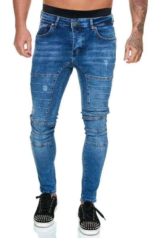 Stylish High-Waisted Slim Fit Men's Denim Jeans with Distressed Detailing - MENLL