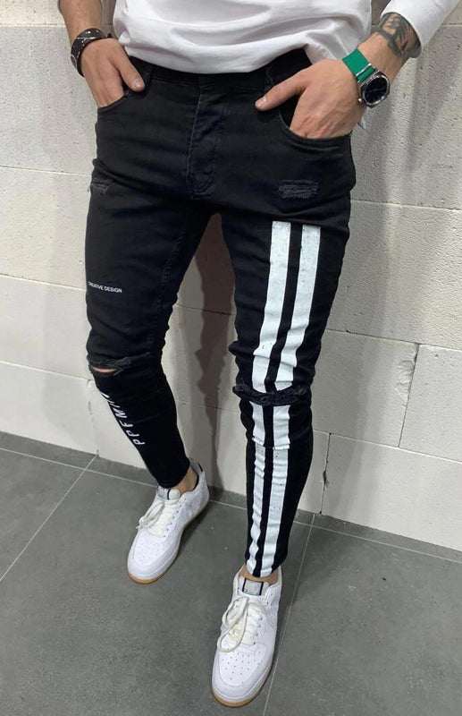 Stylish Men's Slim Fit Elastic Jeans with Trendy Frayed Detailing - MENLL