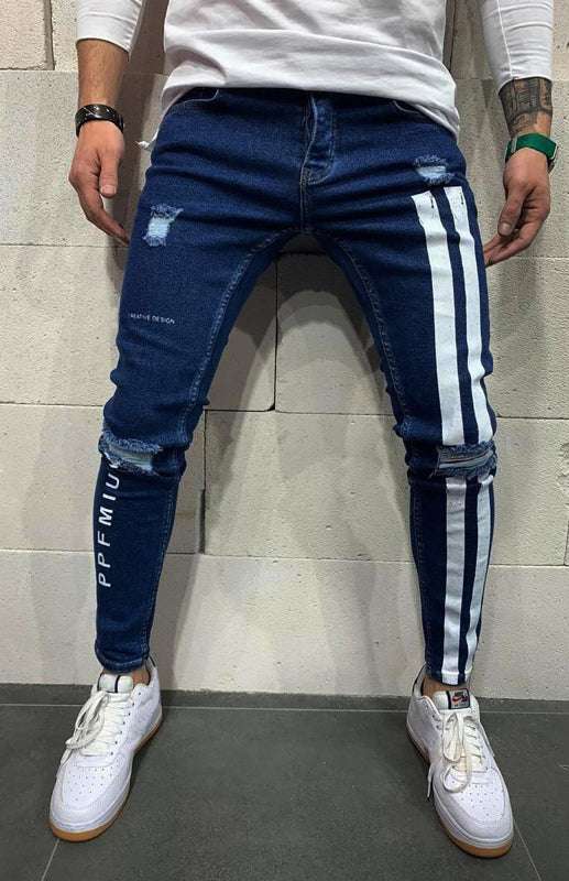 Stylish Men's Slim Fit Elastic Jeans with Trendy Frayed Detailing - MENLL
