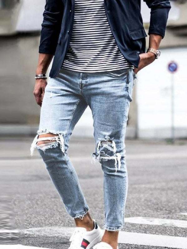 Stylish Mid-Waist Ripped Pencil Jeans for Men - Casual Comfort Meets Trendy Elegance - MENLL