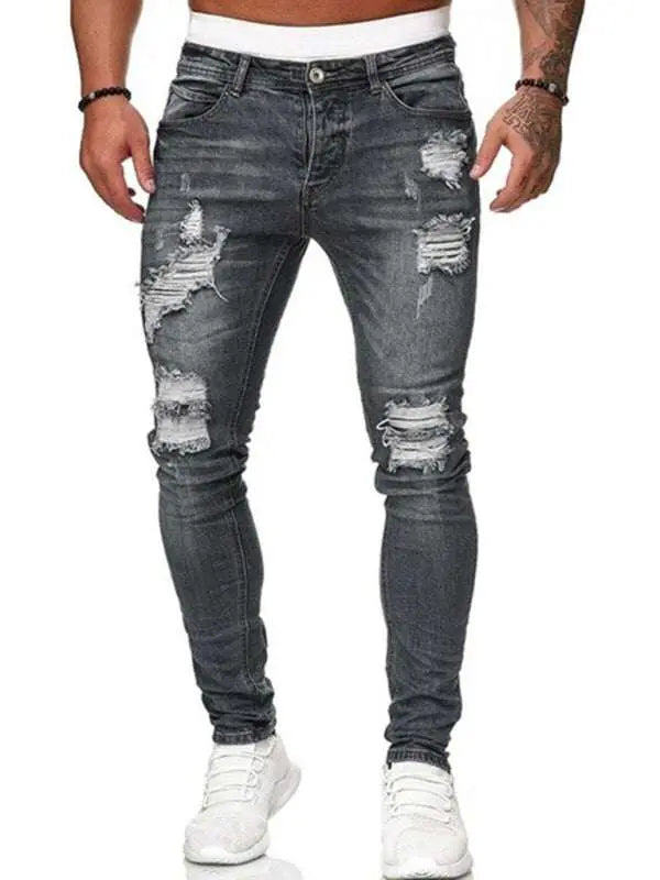 MENLL Ripped Slim Fit Jeans Men's Light Blue Denim Casual Distressed by MENLL
