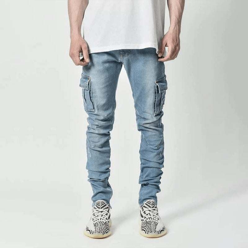 Men's side pocket skinny jeans, light blue, casual style.