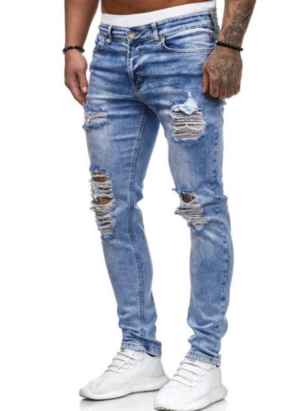 Urban Edge: All-Season Distressed Knit Denim Jeans for Men - MENLL
